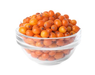 Photo of Fresh ripe sea buckthorn berries in bowl isolated on white