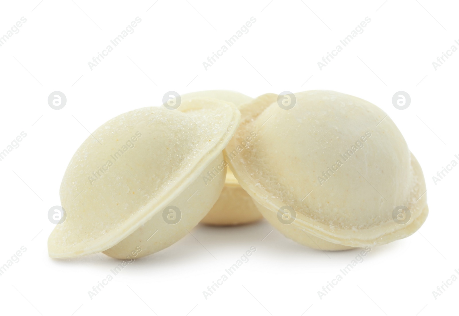 Photo of Raw dumplings with tasty filling on white background