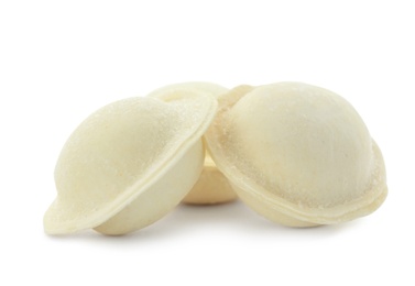 Photo of Raw dumplings with tasty filling on white background