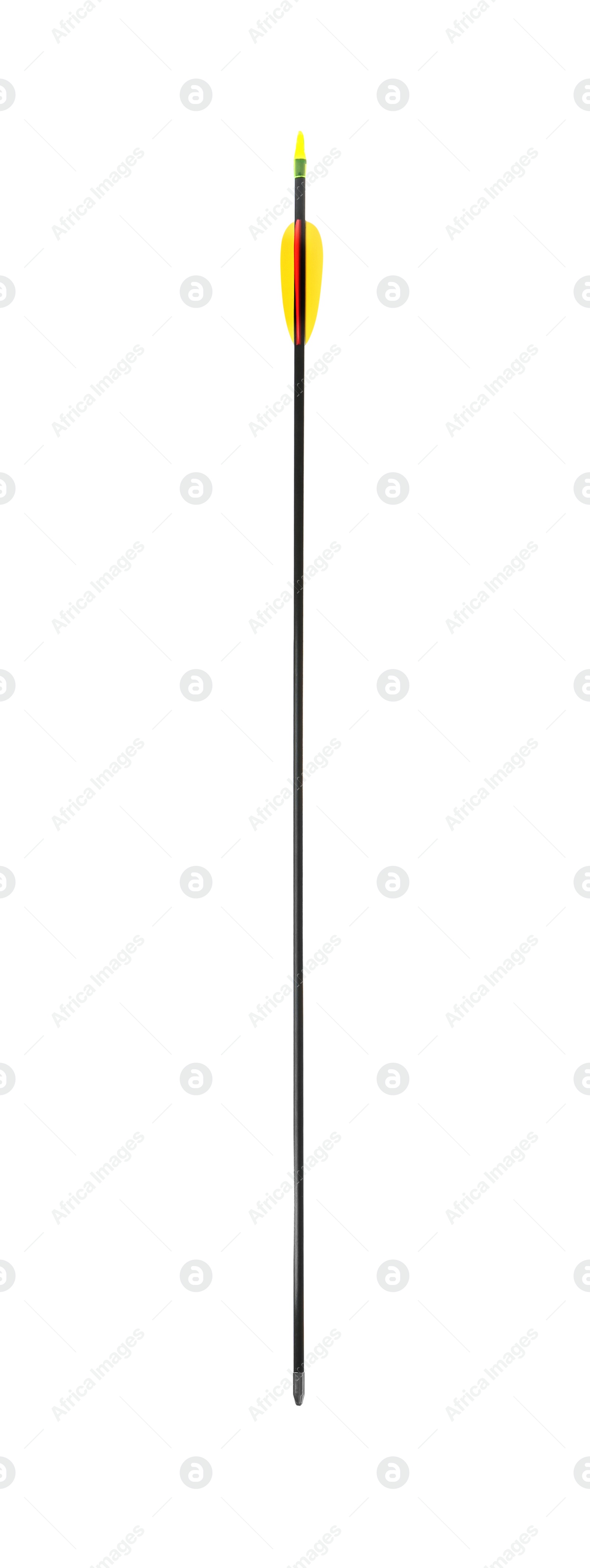 Photo of Plastic black arrow isolated on white. Professional archery equipment