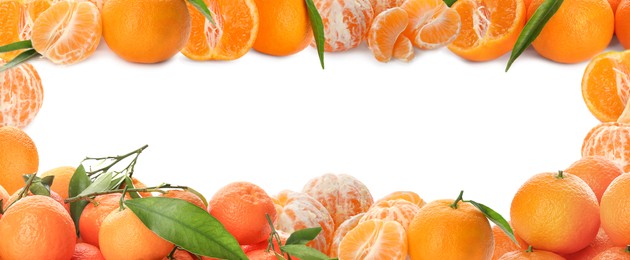 Frame of fresh ripe tangerines on white background. Banner design