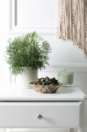 Photo of Aromatic potpourri of dried flowers and beautiful houseplant on white nightstand indoors