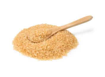 Pile of brown sugar and wooden spoon isolated on white