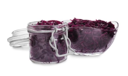 Photo of Jars with tasty red cabbage sauerkraut isolated on white