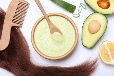 Flat lay composition with homemade hair mask and ingredients on white background