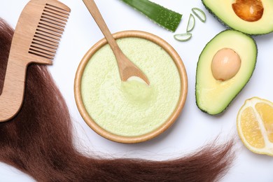 Photo of Flat lay composition with homemade hair mask and ingredients on white background