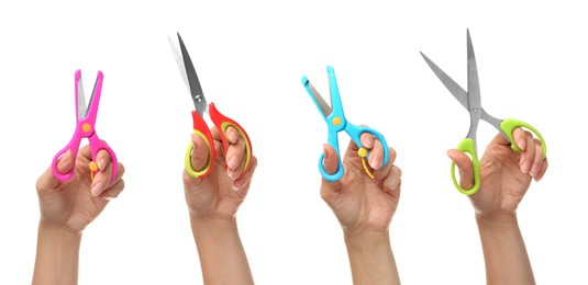 Image of Collage with photos of women holding different scissors on white background, closeup. Banner design