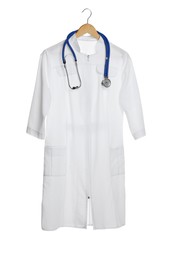 Doctor's gown and stethoscope isolated on white. Medical uniform