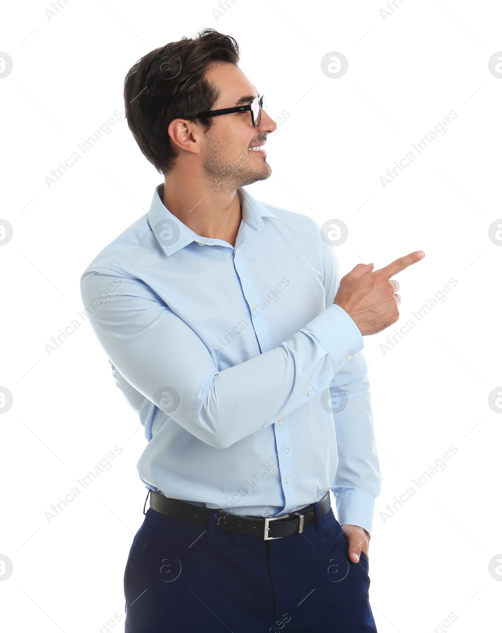 Photo of Young male teacher with glasses on white background