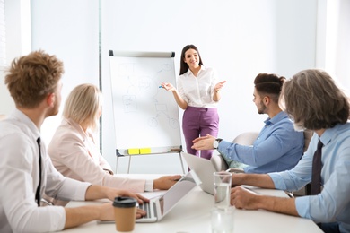 Photo of Business people listening to leader on meeting in office. Professional communication