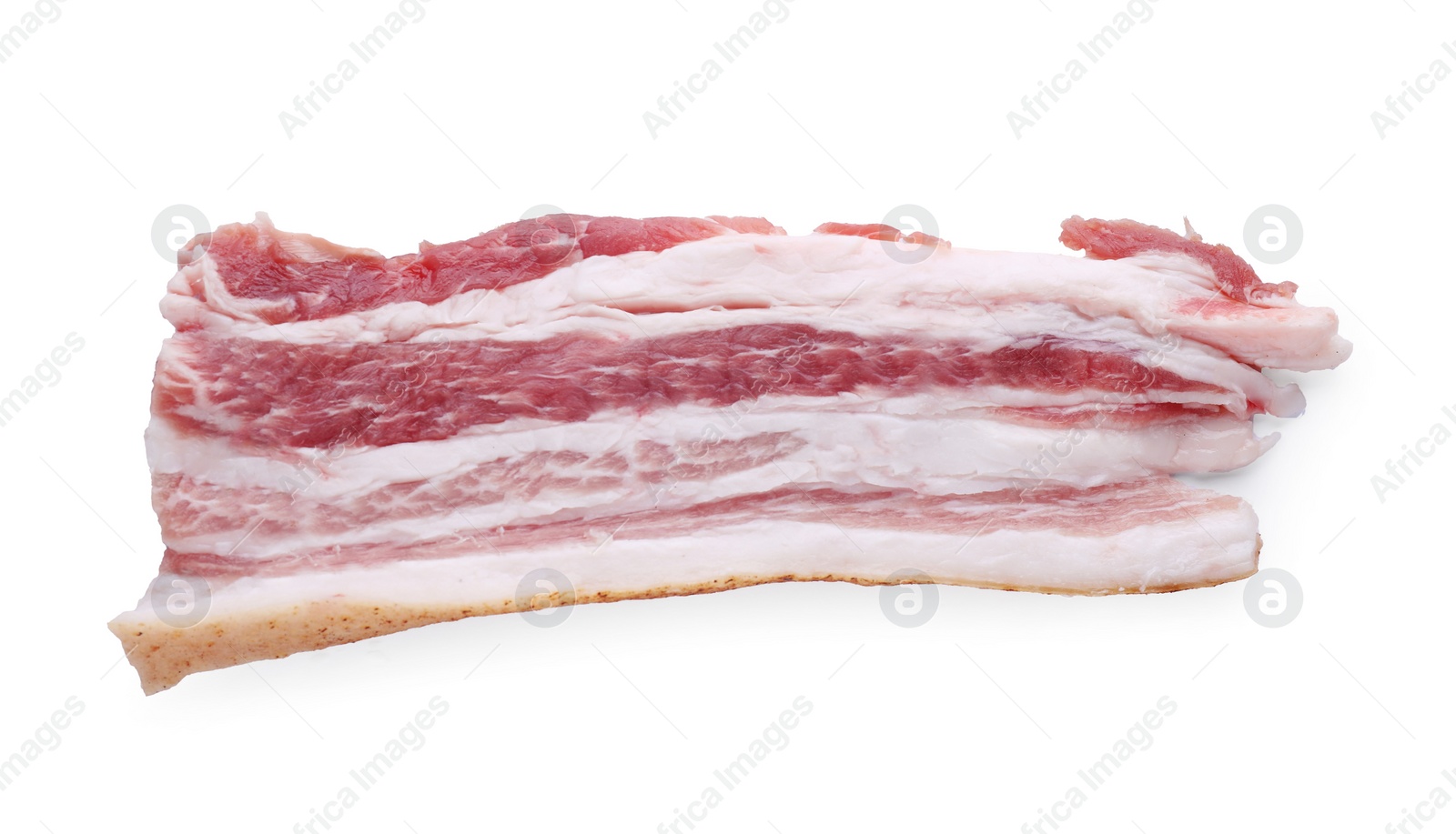 Photo of Slice of tasty pork fatback isolated on white, top view