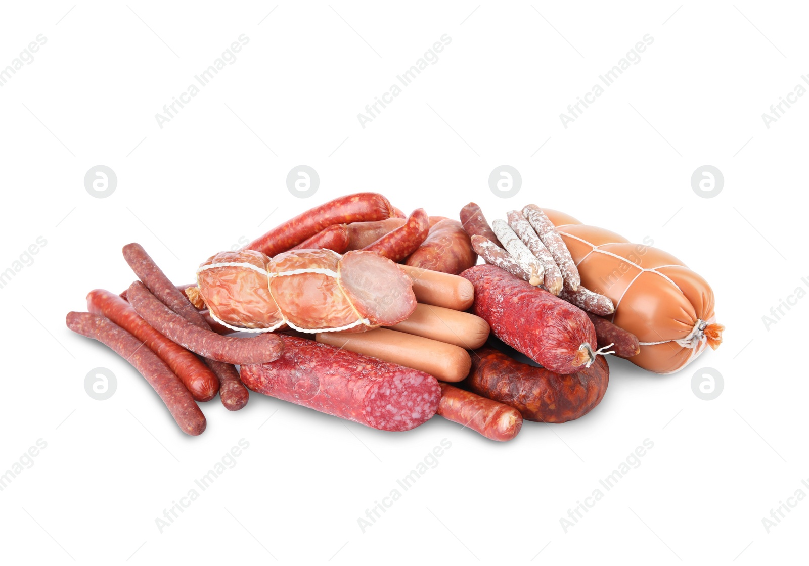 Photo of Different tasty sausages on white background. Meat product