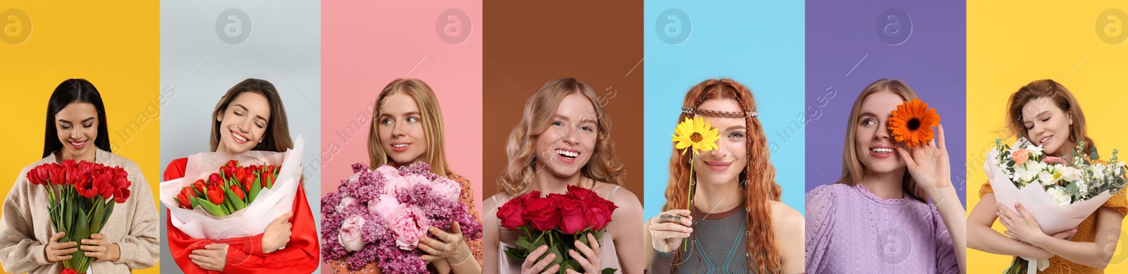 Image of 8 March - Happy Women's Day. Charming ladies with beautiful flowers on different colors backgrounds, collage