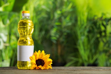Bottle of cooking oil and sunflower on wooden table against blurred background, space for text