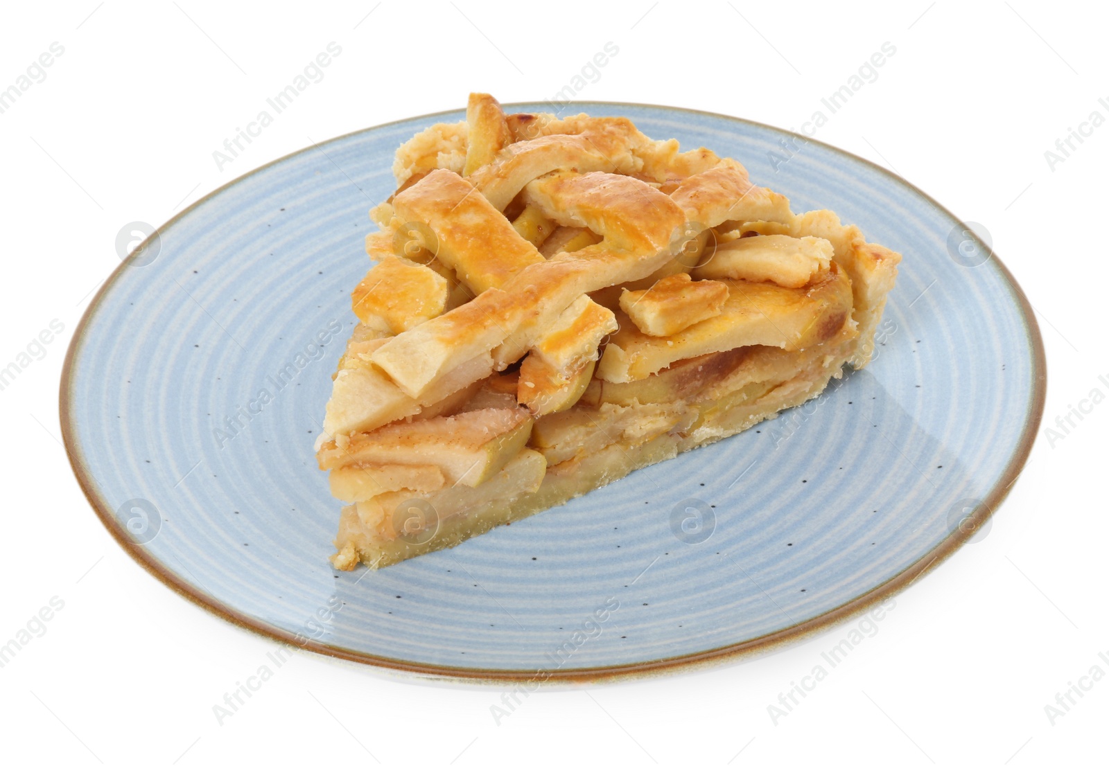 Photo of Plate with piece of tasty homemade quince pie isolated on white