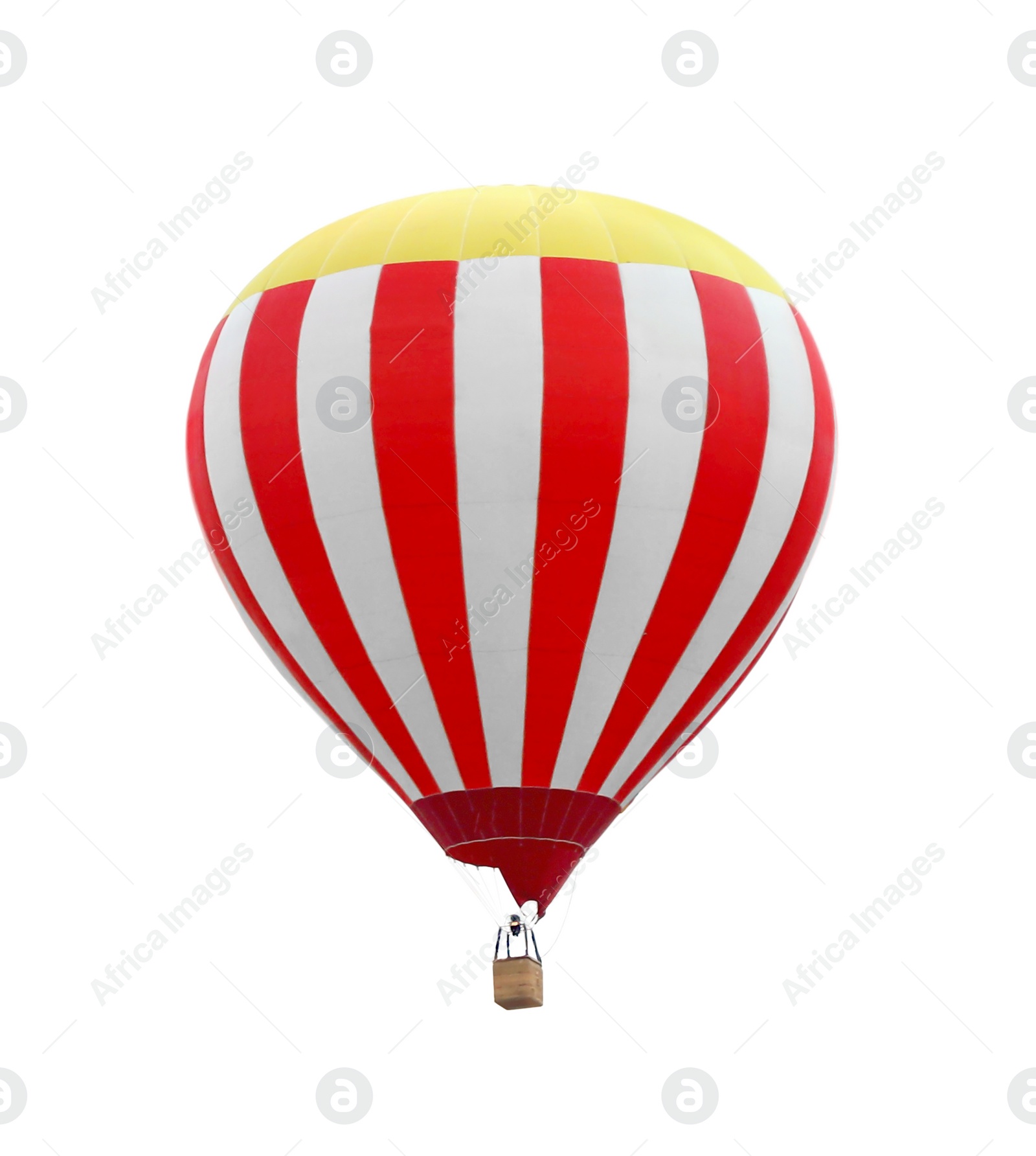 Image of Bright hot-air balloon with wicker basket on white background