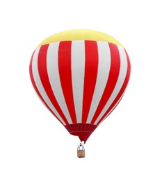 Image of Bright hot-air balloon with wicker basket on white background