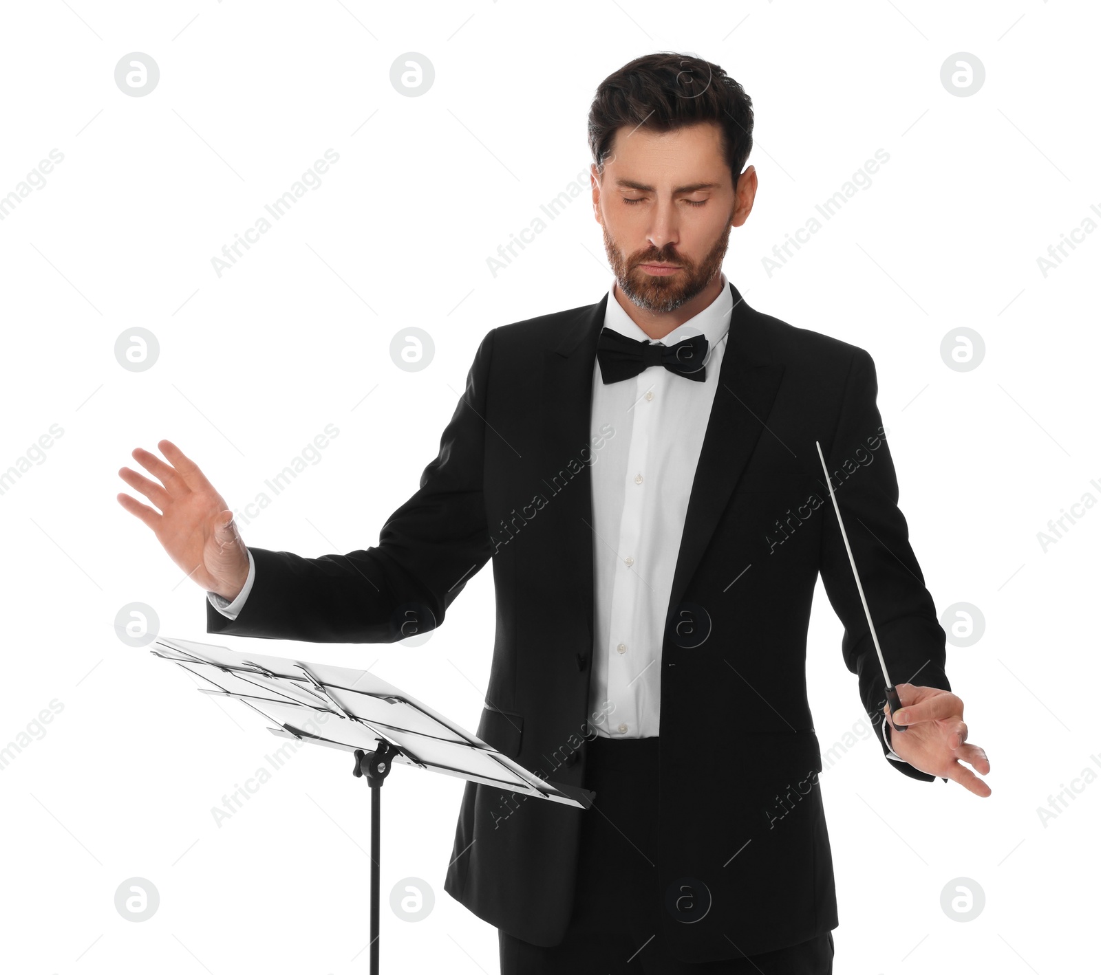 Photo of Professional conductor with baton and note stand on white background