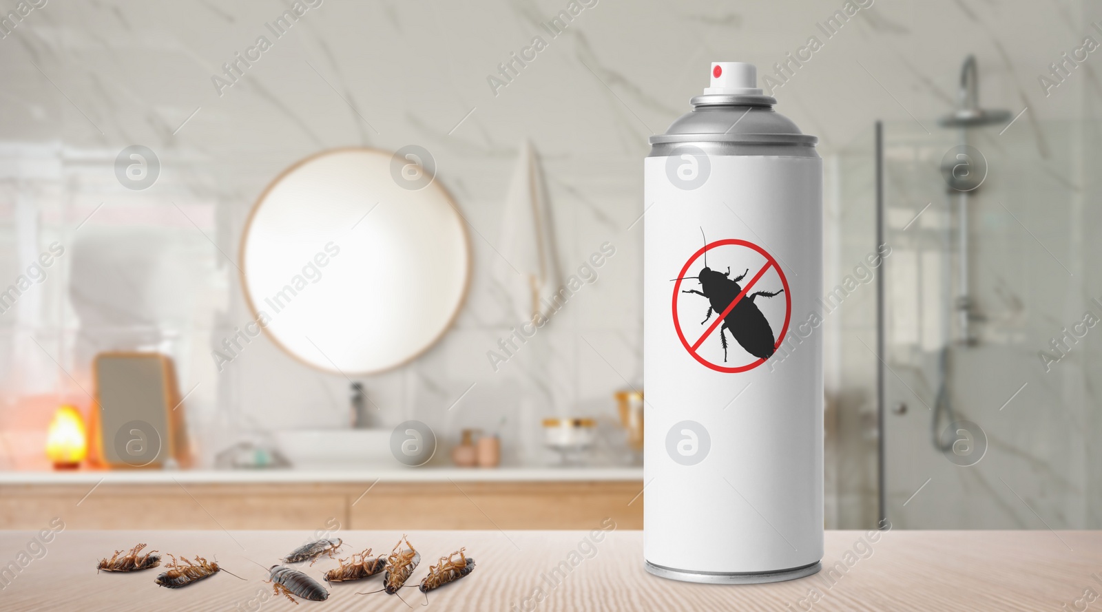 Image of Pest control. Insecticide and dead cockroaches on table in bathroom, space for text