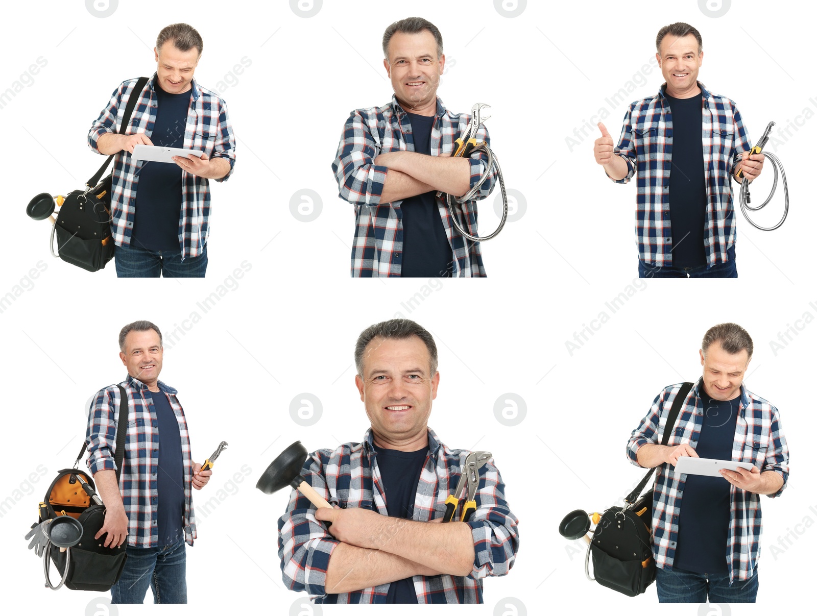 Image of Collage with photos of mature plumber on white background