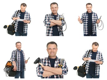 Image of Collage with photos of mature plumber on white background
