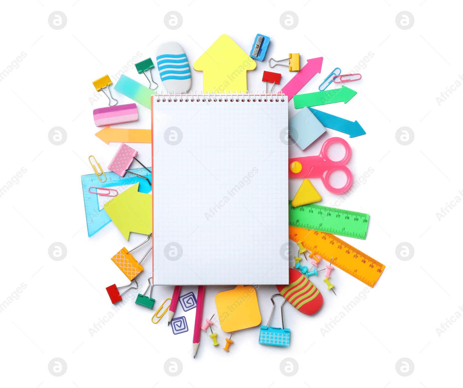 Photo of Composition with different school stationery and notebook on white background