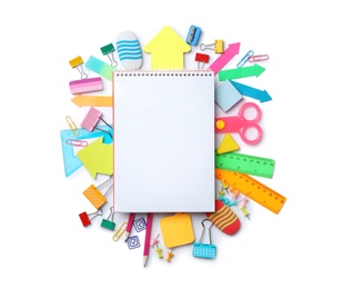 Composition with different school stationery and notebook on white background