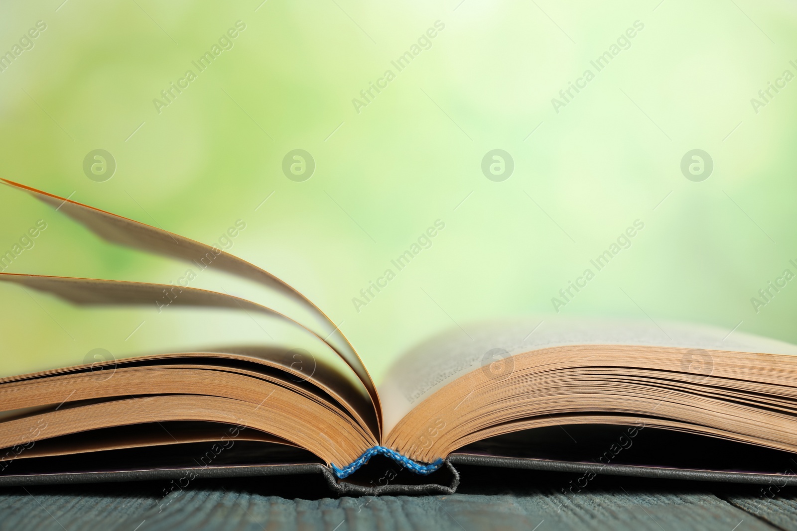 Photo of Open book on blue wooden table against blurred green background, closeup. Space for text