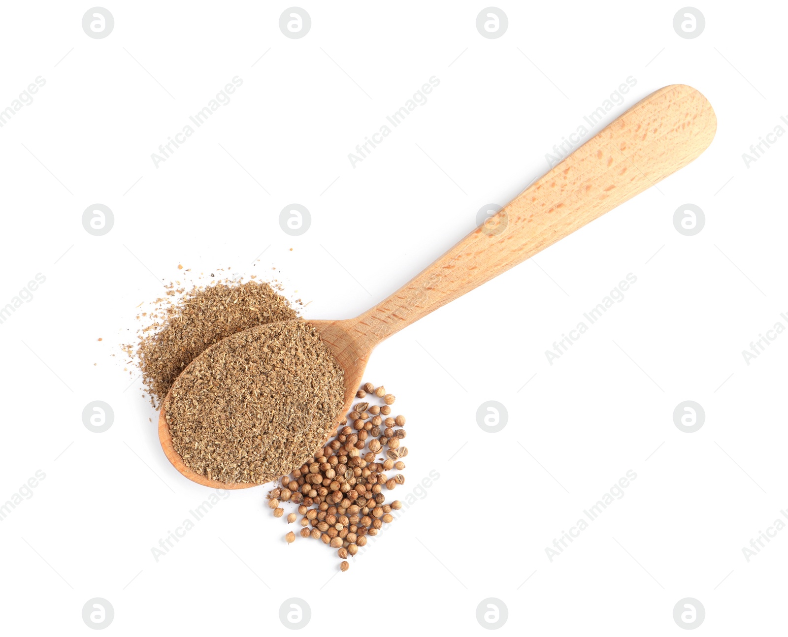 Photo of Wooden spoon with powdered coriander and corns on white background, top view