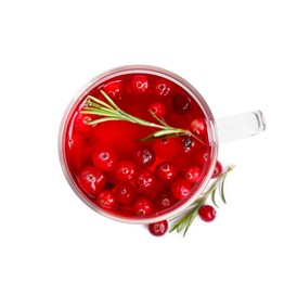 Photo of Tasty hot cranberry tea with rosemary in glass cup on white background, top view