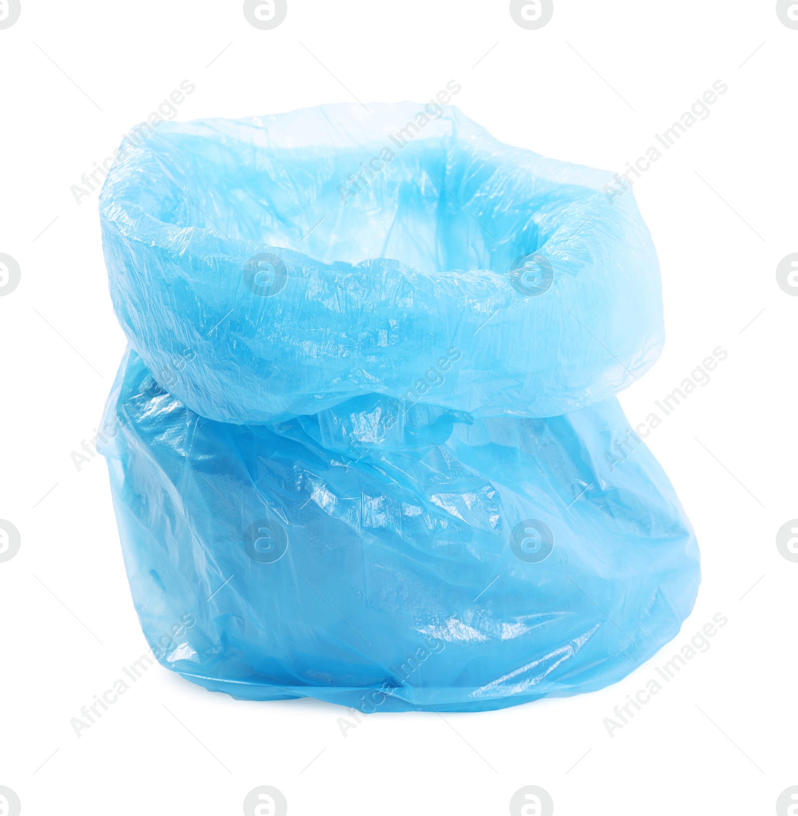 Photo of Blue plastic garbage bag isolated on white