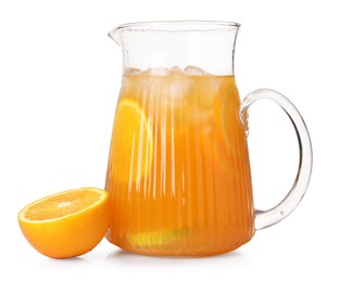 Photo of Freshly made lemonade in jug and orange isolated on white