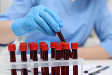 Laboratory testing. Doctor with blood samples in tubes at table indoors, closeup