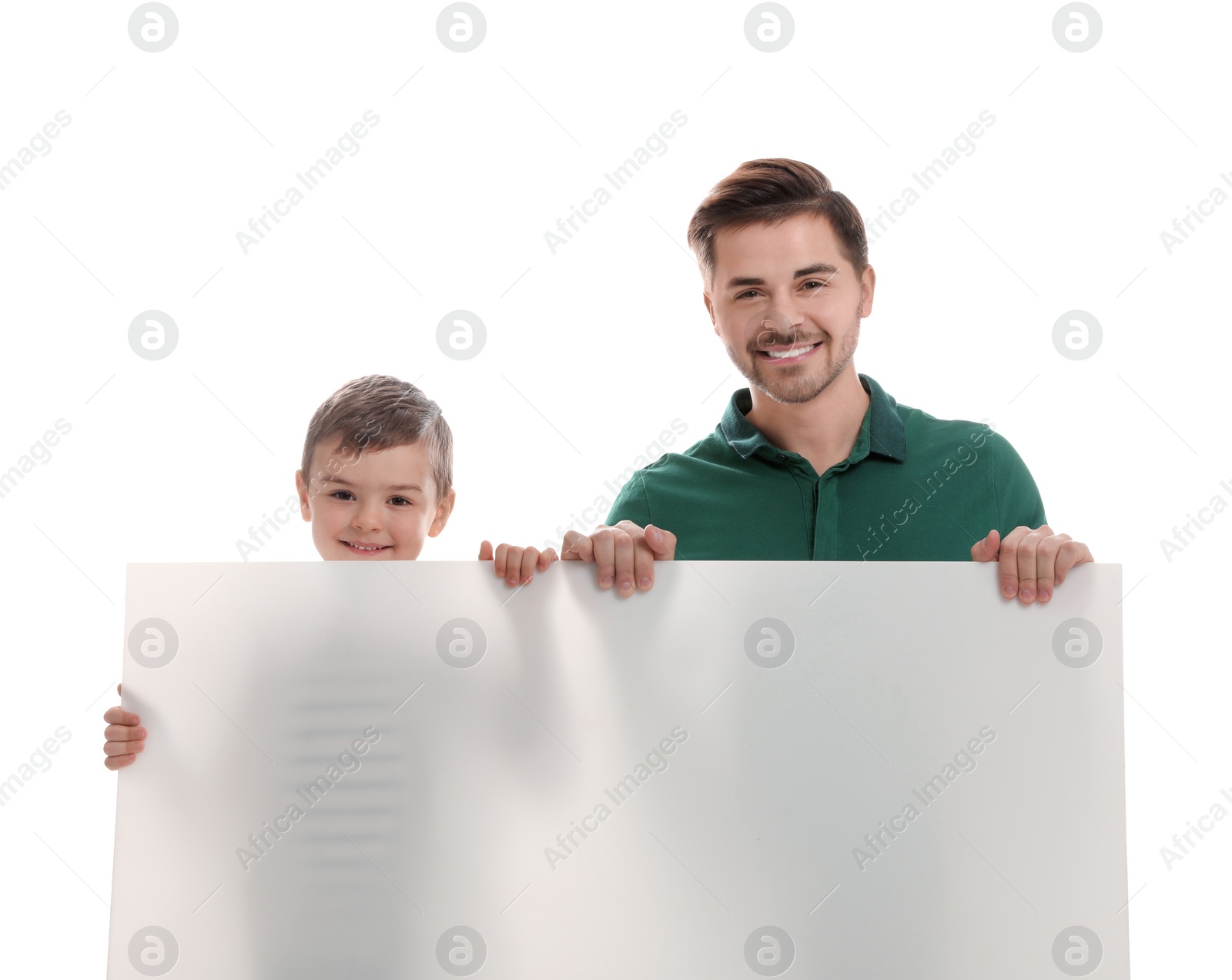 Photo of Dad and his son with empty banner isolated on white. Space for design