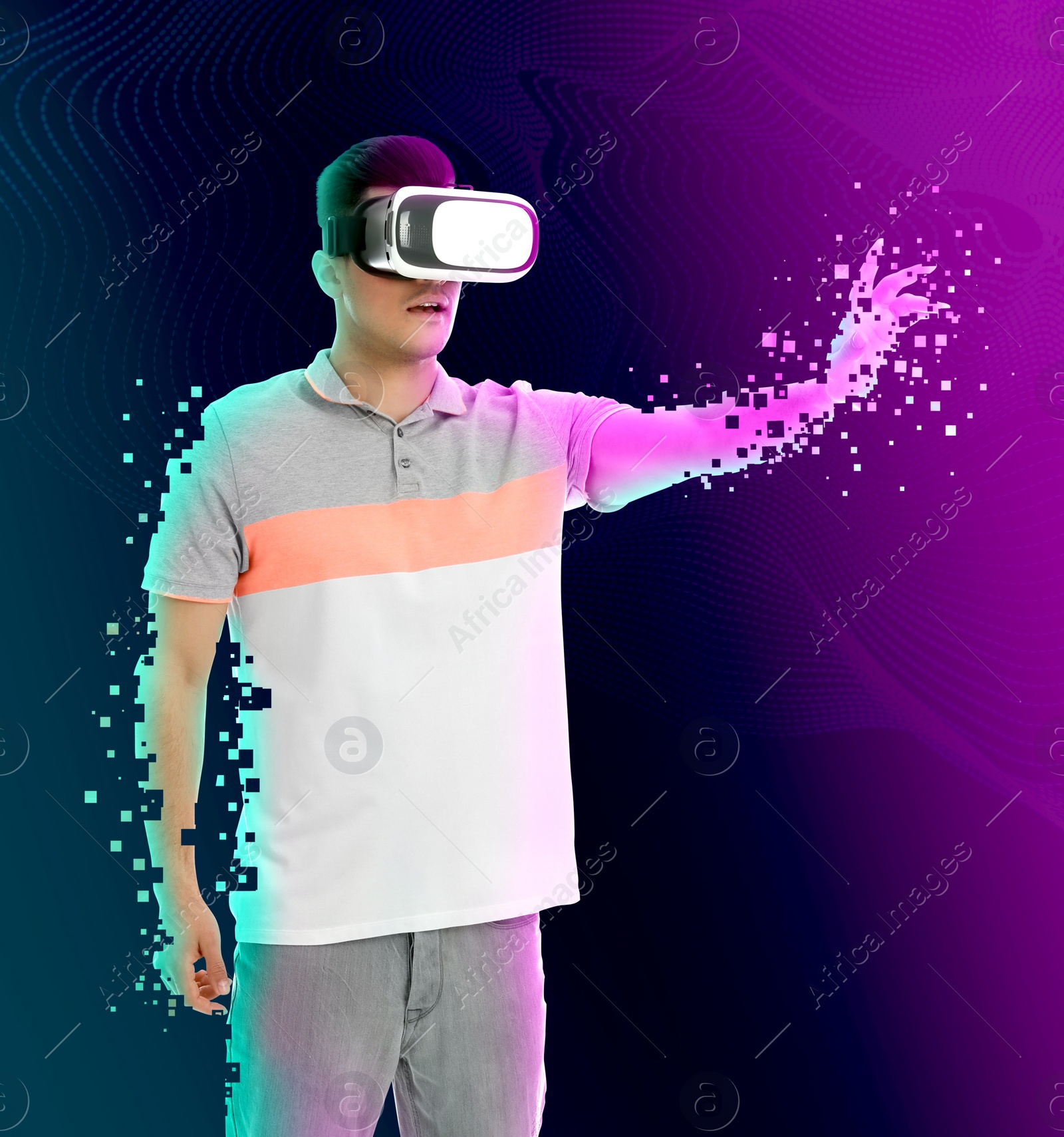 Image of Metaverse. Man using virtual reality headset in neon lights. His hands dispersing into pixels illustrating immersion into cyber space