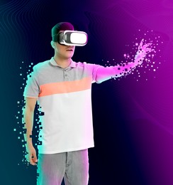 Metaverse. Man using virtual reality headset in neon lights. His hands dispersing into pixels illustrating immersion into cyber space