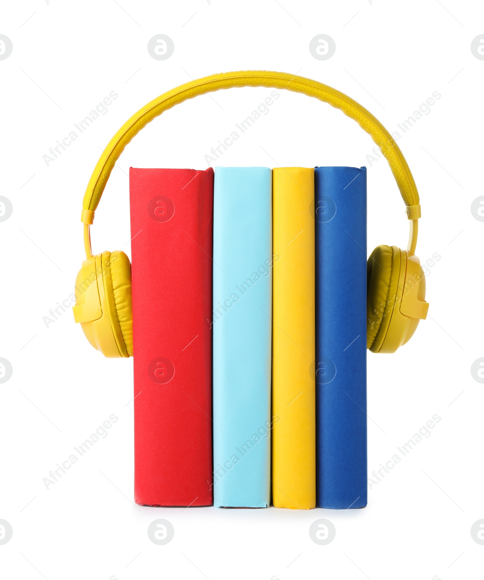 Photo of Books with modern headphones isolated on white