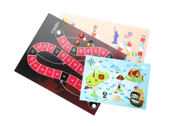 Photo of Different board games on white background, top view