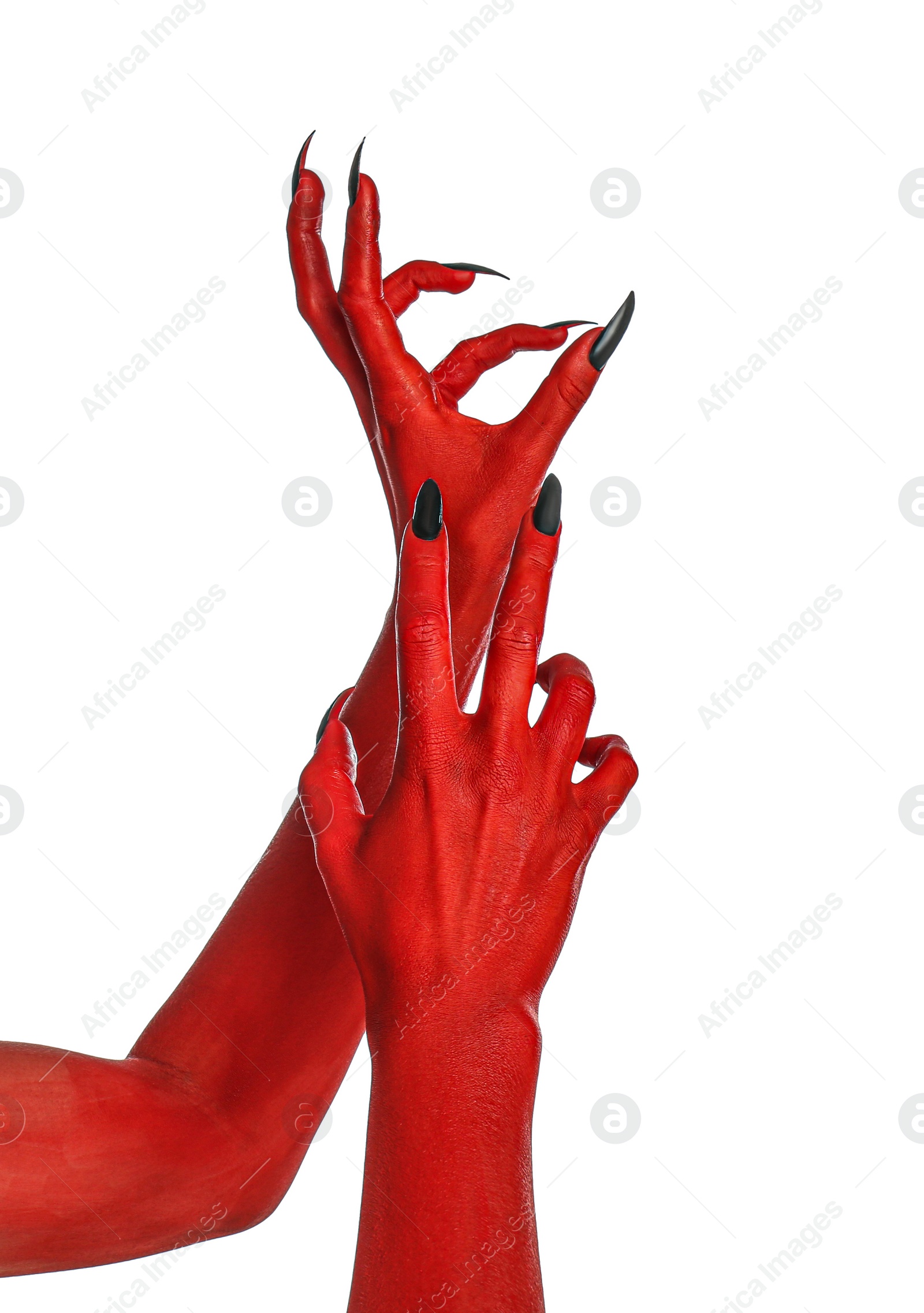 Photo of Scary monster on white background, closeup of hands. Halloween character