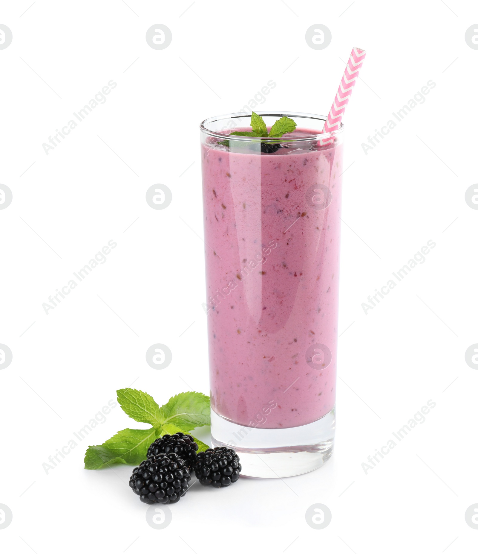 Photo of Delicious blackberry smoothie in glass on white background