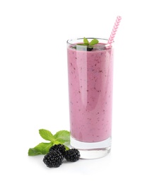 Photo of Delicious blackberry smoothie in glass on white background