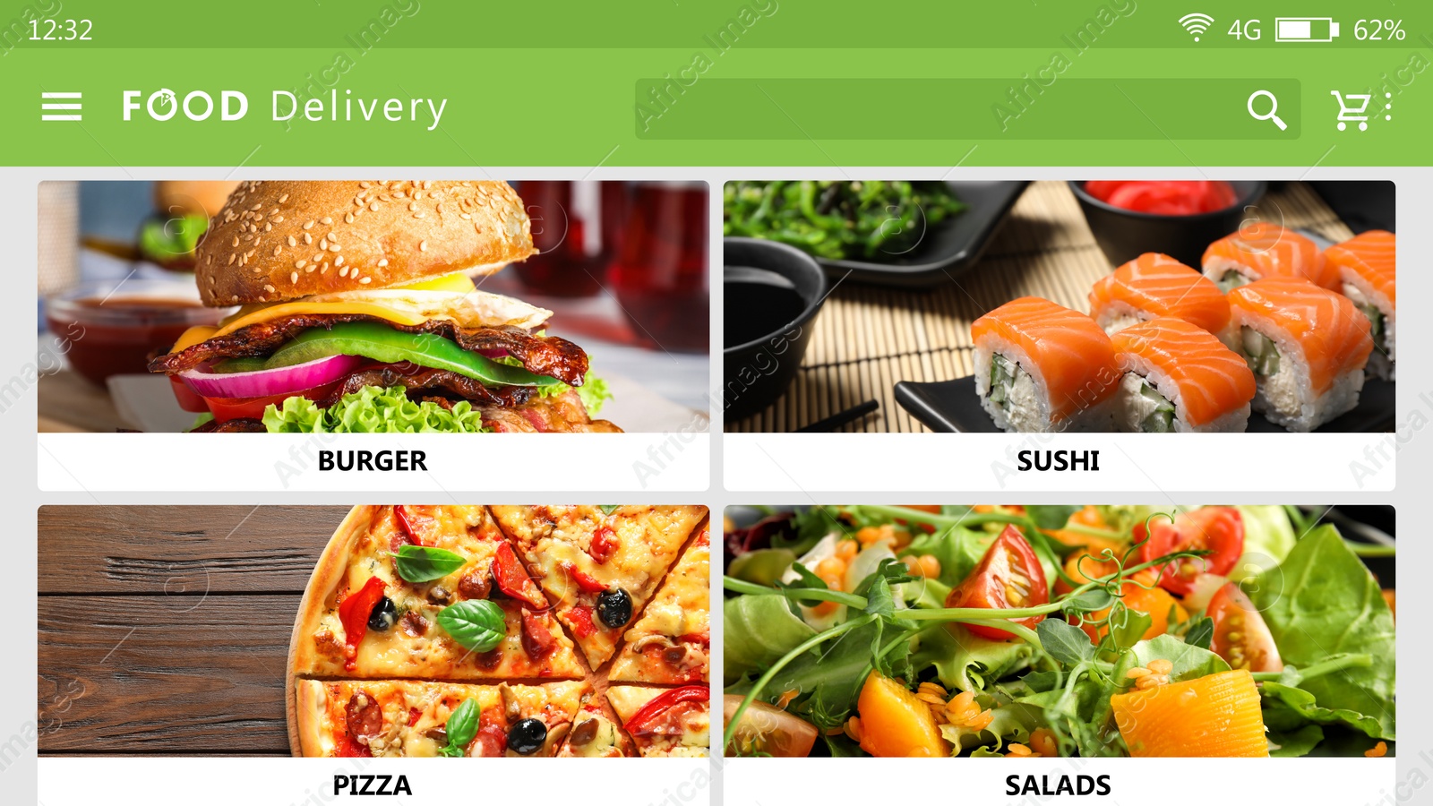 Image of Food delivery app. Display with appetizing menu