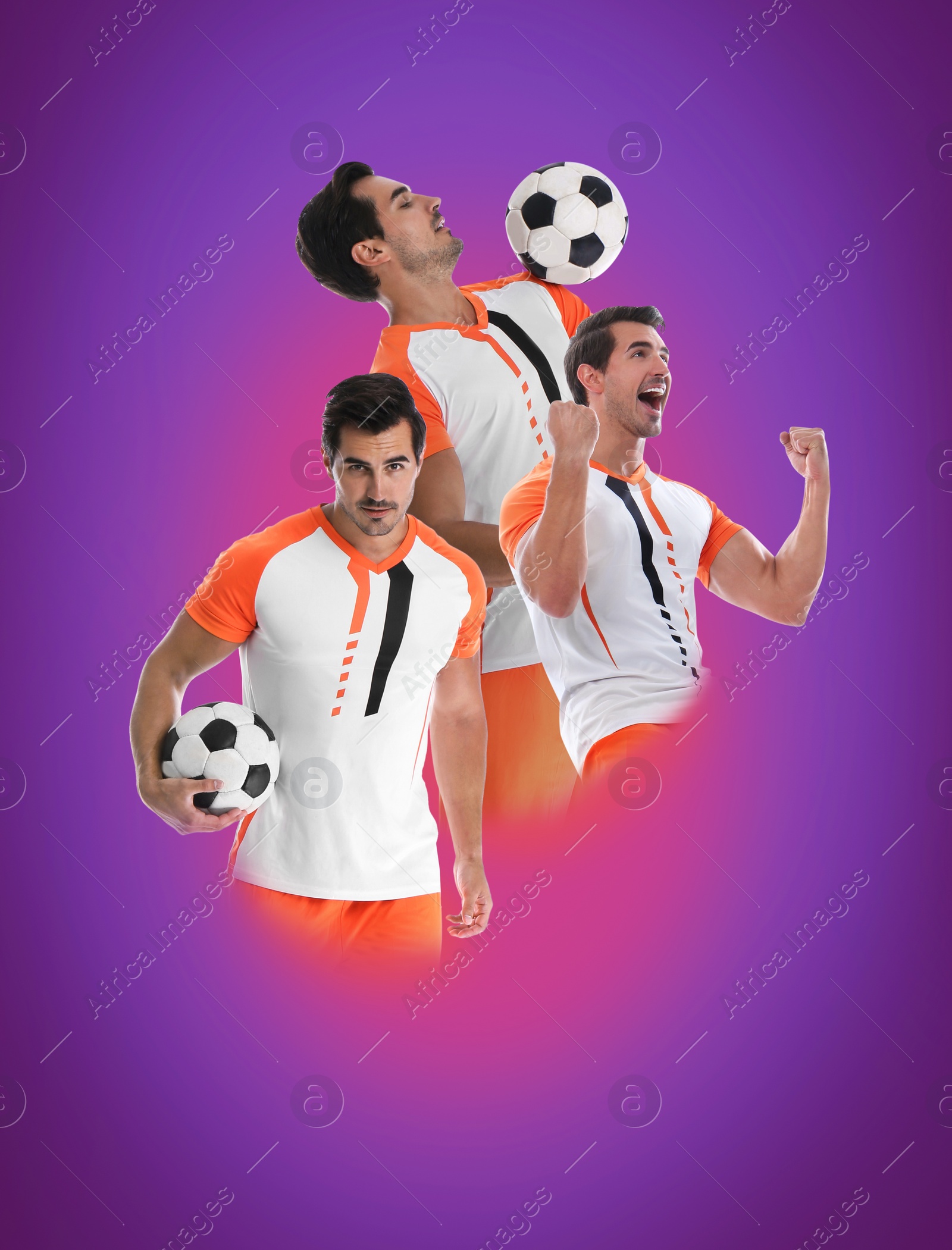 Image of Handsome sportsman playing basketball on gradient background, collage