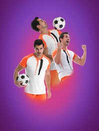 Image of Handsome sportsman playing basketball on gradient background, collage