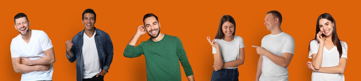 Image of Collage with portraits of happy people on orange background