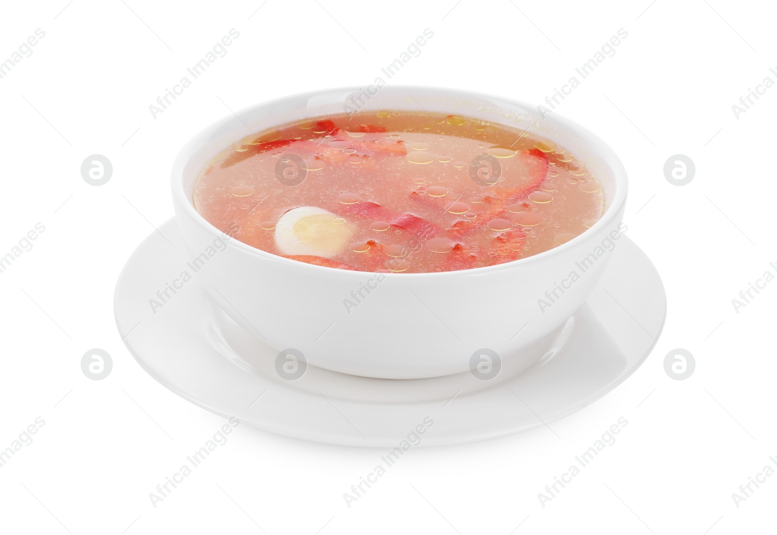 Photo of Tasty soup with egg and bell pepper in bowl isolated on white