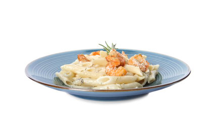 Delicious pasta with shrimps isolated on white