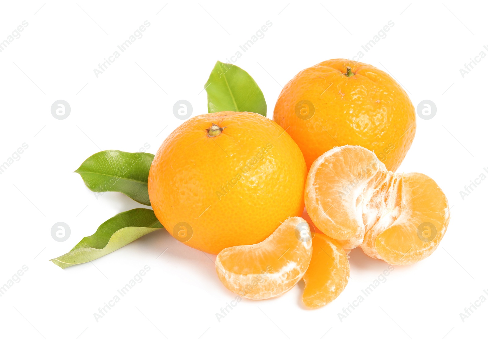 Photo of Tasty ripe tangerines with leaves on white background