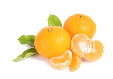 Photo of Tasty ripe tangerines with leaves on white background