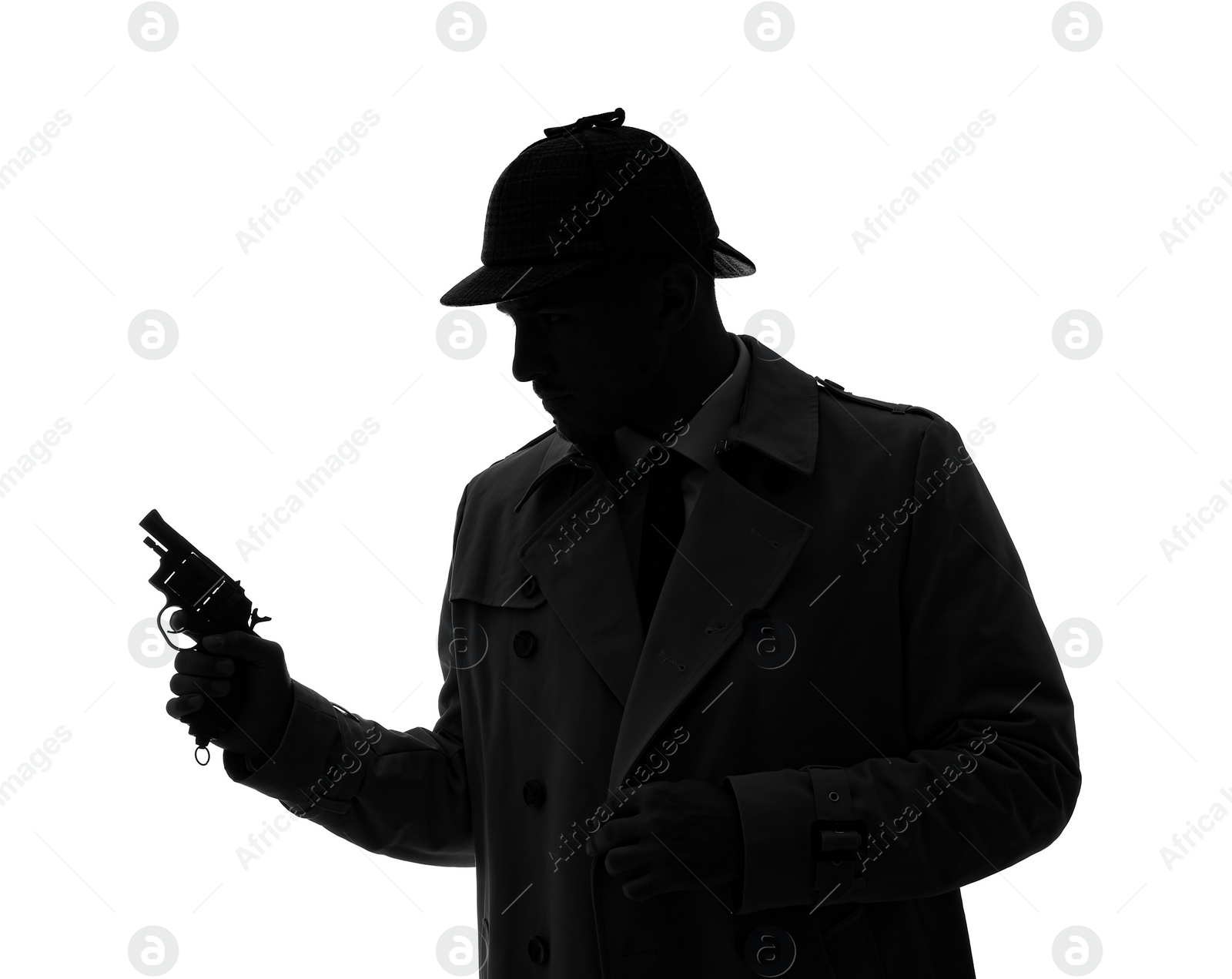 Photo of Old fashioned detective with revolver on white background